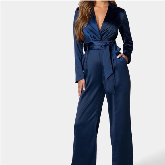 bebe Satin Blazer Jumpsuit Blue Tie Waist V Neck Business Spring | Medium - Picture 4 of 10